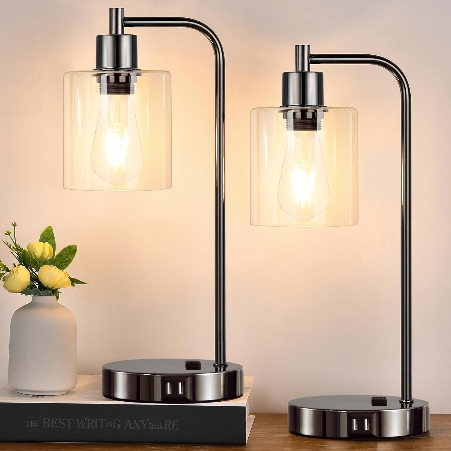 Industrial Touch Control Table Lamps Set of 2 - Black Nickel Bedside Lamps with 2 USB Ports & AC Outlet, 3-Way Dimmable Nightstand Desk Lamp for Bedroom Living Room, Glass Shade & 2 LED Bulbs Included-0
