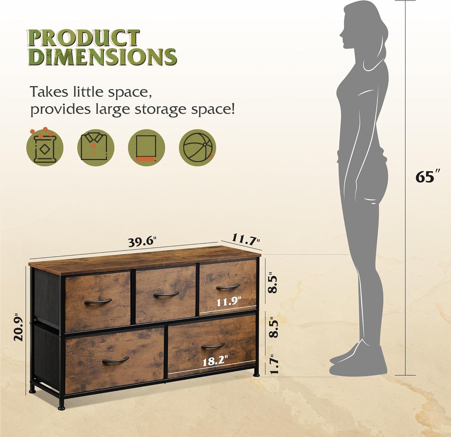 Dresser for Bedroom with 5 Drawers, Wide Chest of Drawers, Fabric Dresser, Storage Organizer Unit with Fabric Bins for Closet, Living Room, Hallway, Rustic Brown Wood Grain Print-2