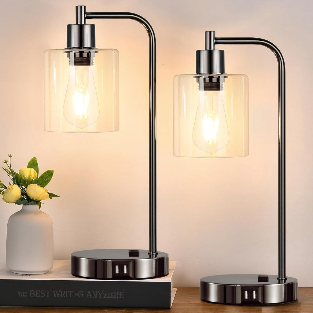 Industrial Touch Control Table Lamps Set of 2 - Black Nickel Bedside Lamps with 2 USB Ports & AC Outlet, 3-Way Dimmable Nightstand Desk Lamp for Bedroom Living Room, Glass Shade & 2 LED Bulbs Included-0