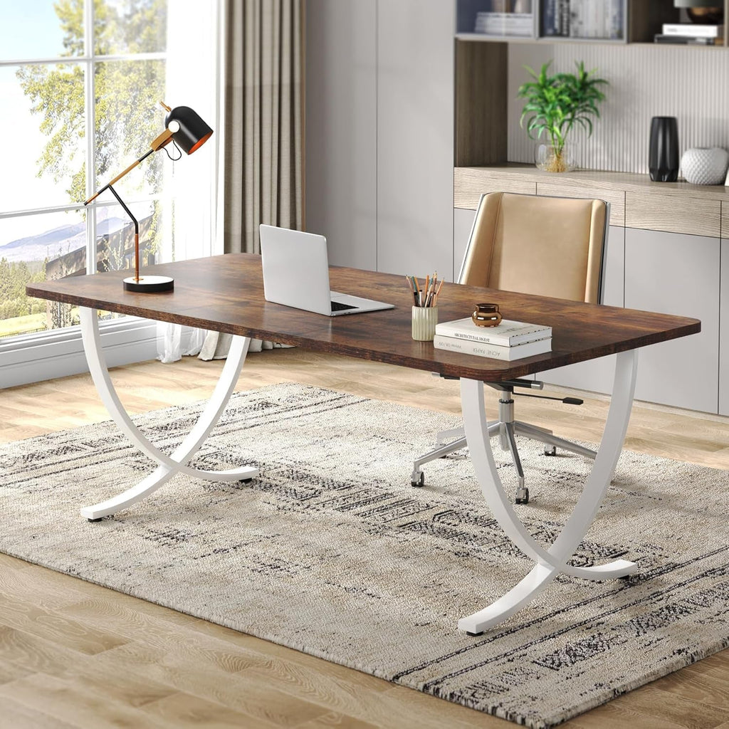 Executive Desk, 63” W X 31.5” D Large Office Desk, Modern Computer Desk Conference Table Meeting Room Table, Business Furniture for Home Office, White and Walnut-0