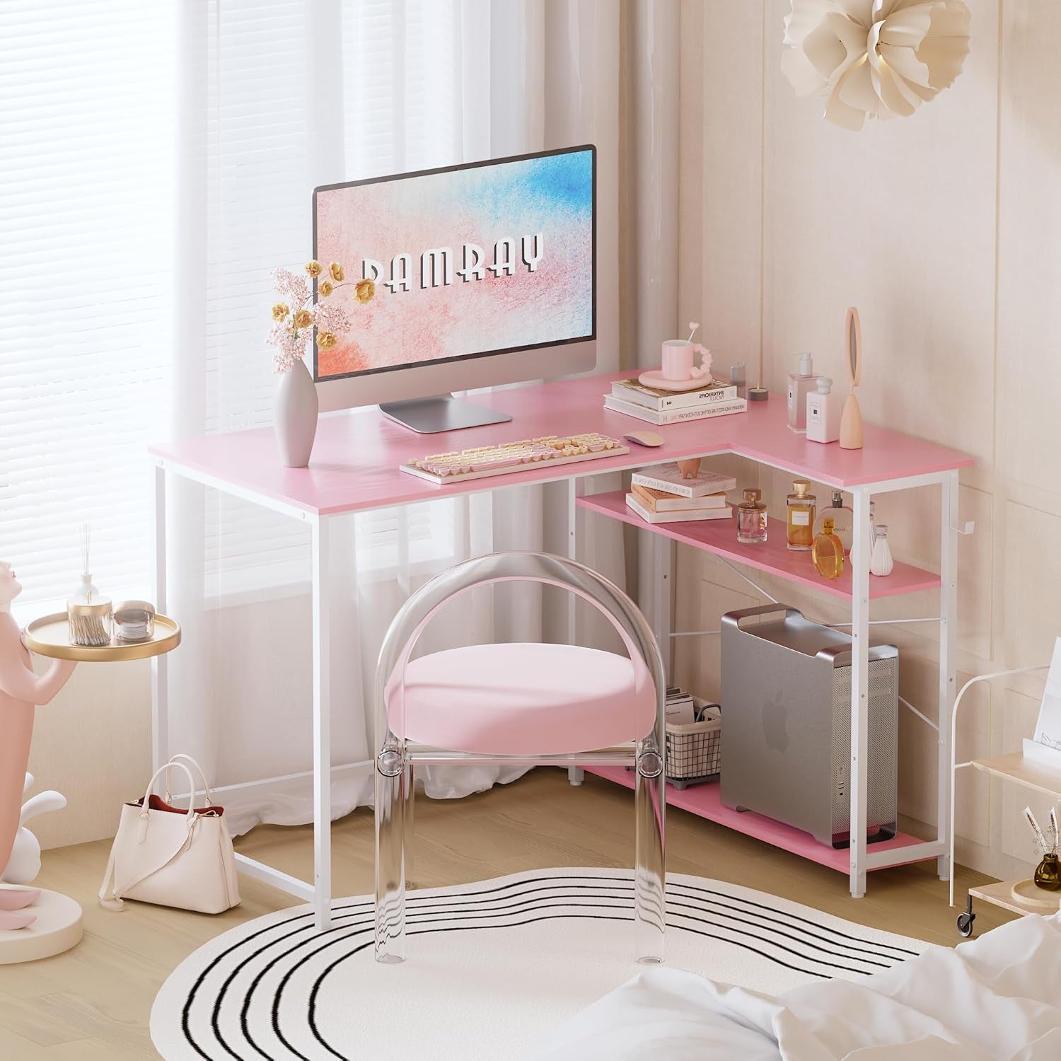 43 Inch L Shaped Computer Desk with Reversible Side Storage Shelves, Small Corner Desk for Small Space Home Office,Writing Study Table PC Desk for Bedroom,Pink with White Leg-1