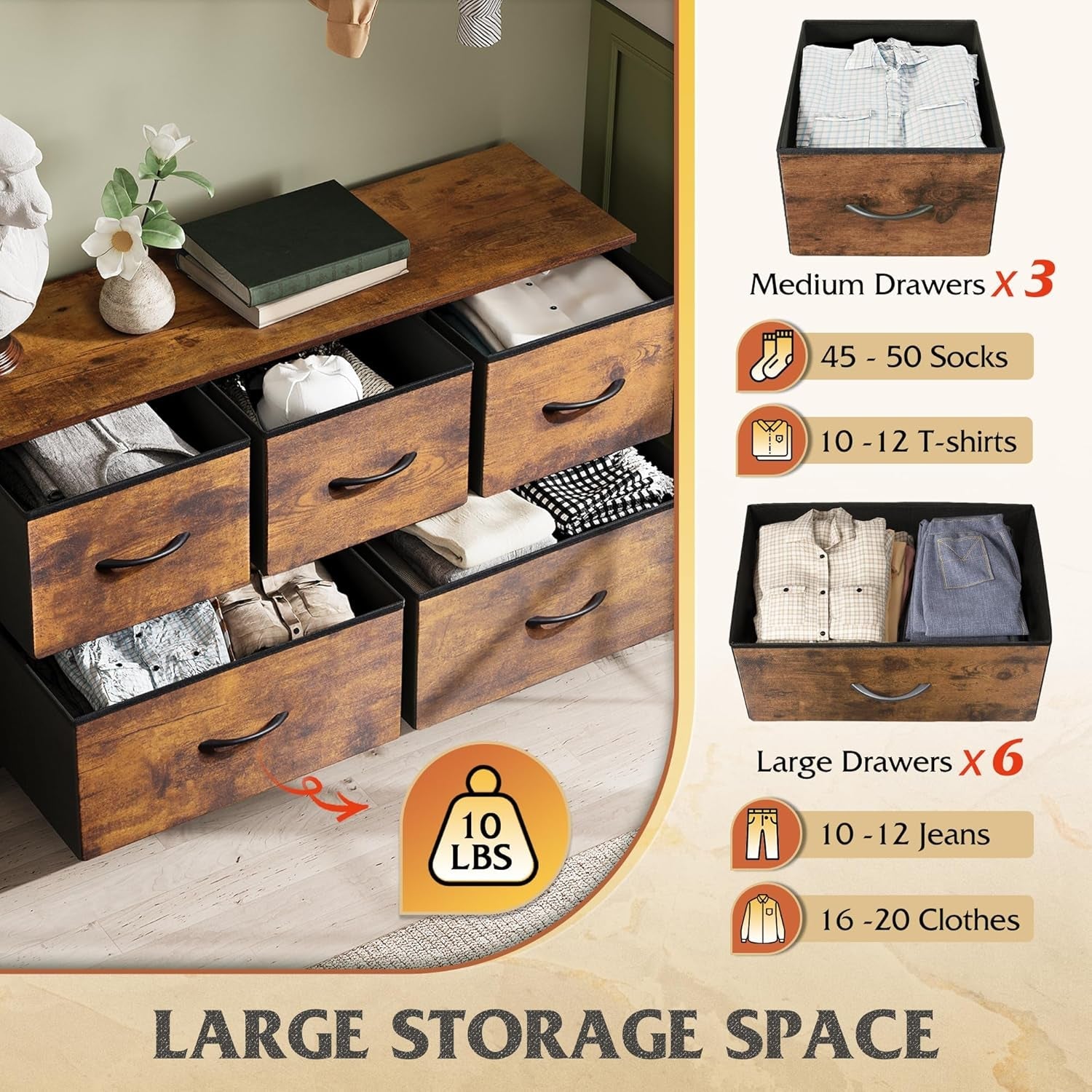 Dresser for Bedroom with 5 Drawers, Wide Chest of Drawers, Fabric Dresser, Storage Organizer Unit with Fabric Bins for Closet, Living Room, Hallway, Rustic Brown Wood Grain Print-3