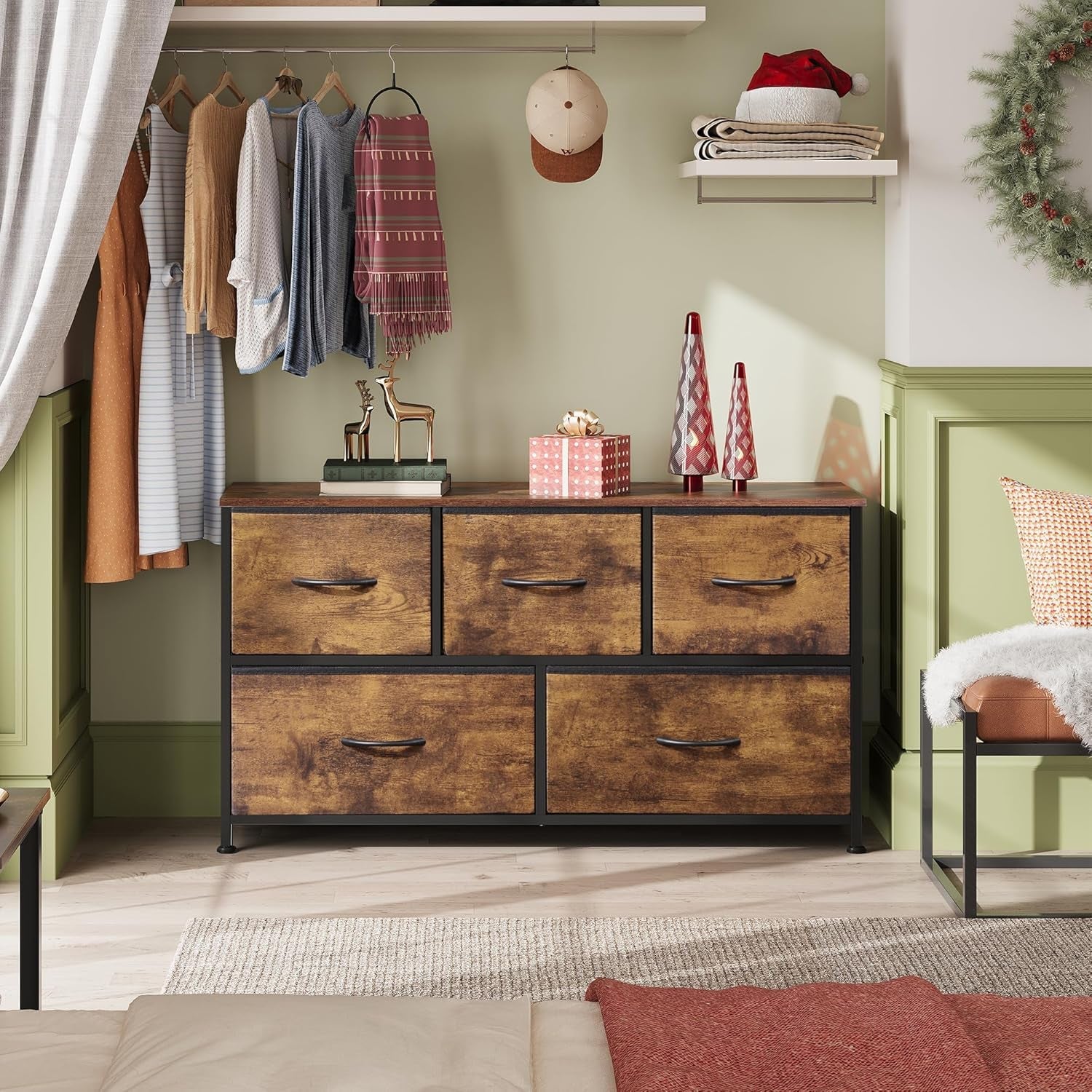 Dresser for Bedroom with 5 Drawers, Wide Chest of Drawers, Fabric Dresser, Storage Organizer Unit with Fabric Bins for Closet, Living Room, Hallway, Rustic Brown Wood Grain Print-1